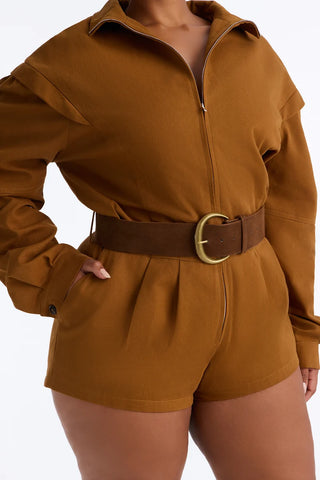 Rhea Twill Long Sleeve Belted Romper