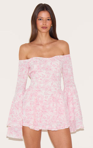 Pink Floral Bardot Flare Sleeve Playsuit