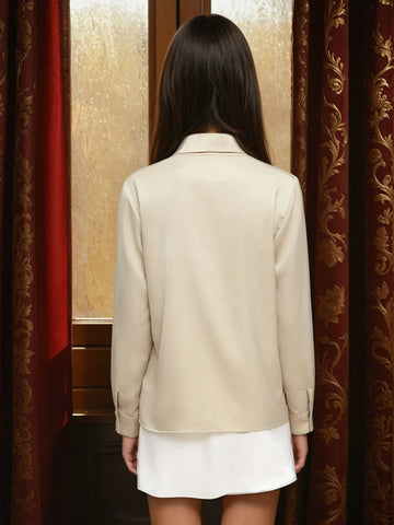 Collar Metal Hook Long Sleeve Blouse With Tie