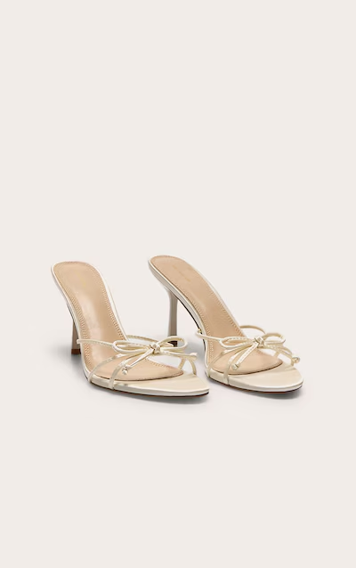 Ivory Satin Round Toe Bow Detail Mid Stiletto Heeled Mules