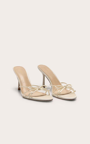 Ivory Satin Round Toe Bow Detail Mid Stiletto Heeled Mules