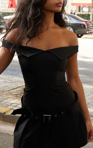 Black Bardot Belted Pleated Shift Dress