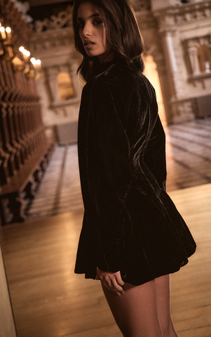 Black Velvet Godet Long Sleeve Playsuit