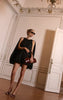Premium Black Woven Cape Sleeve Puffball Mini Dress