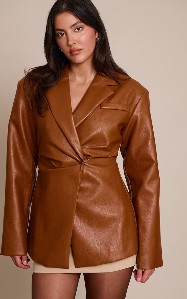 Faux Leather Cinch Waist Blazer