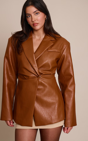 Faux Leather Cinch Waist Blazer