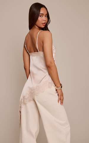 Satin Lace Detail Asymmetric Long Top