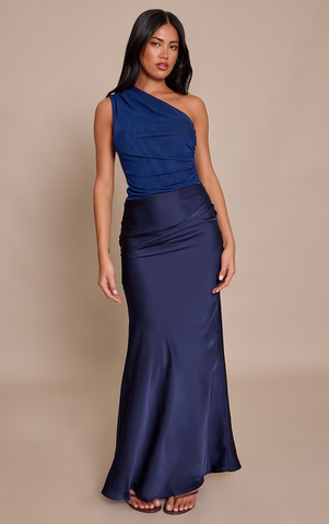 One Shoulder Satin Contrast Maxi Dress