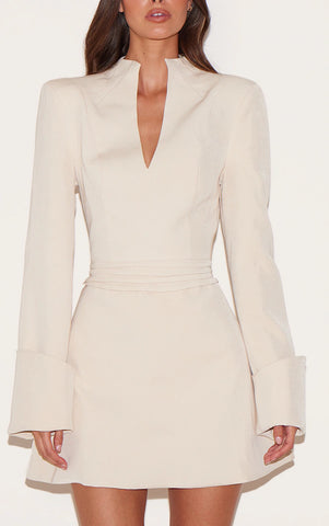 Almond Woven V Neck Blazer Dress