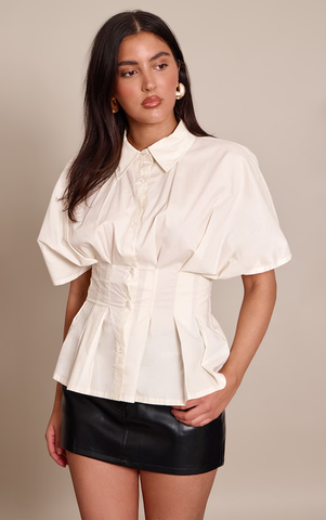 Pleated Cinched Waist Short Sleeve Shirt