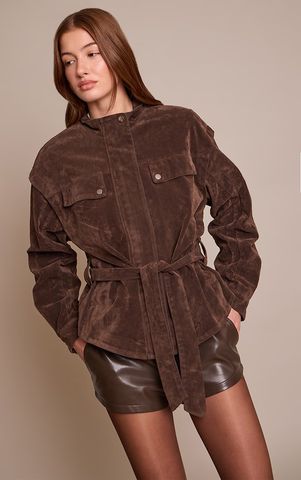 Faux Suede Belted Drop Waist Jacket