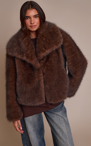 Brown Faux Fur Short Shawl Collar Coat