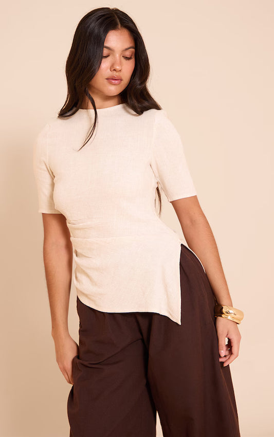 Beige Lightweight Woven Ruched Side Detail T Shirt