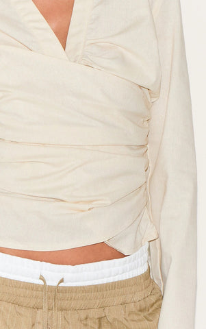 Butter Yellow Linen-Blend Fitted Wrap Shirt