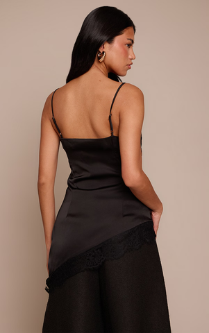 Black Lace Trim Satin Cowl Asymmetric Top