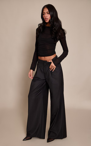 Tall Black Woven Double Pleat Wide Leg Trouser
