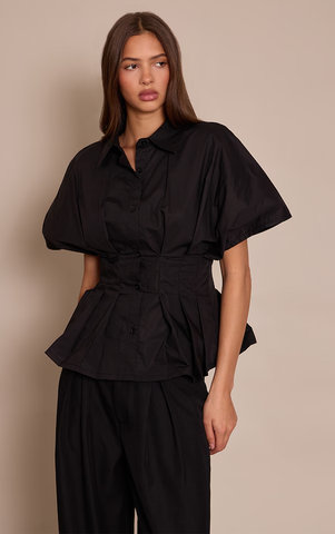 Pleated Cinched Waist Short Sleeve Shirt