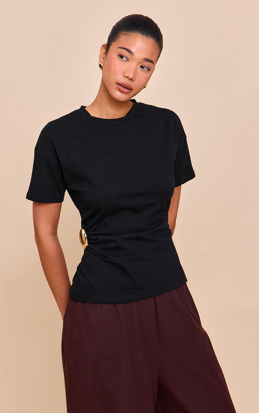 Black Trim Detail Asymmetric Hem T Shirt