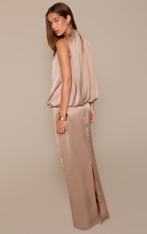 Lemon Satin Ruched Bodice Trim Detail Maxi Dress
