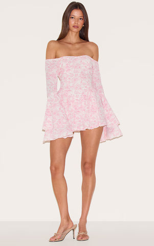 Pink Floral Bardot Flare Sleeve Playsuit