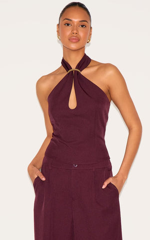 Sleek Trim Detail Halterneck Tailored Top