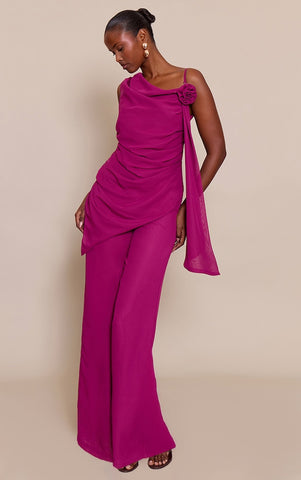 Deep Plum Chiffon Corsage Detail Wide Leg Jumpsuit