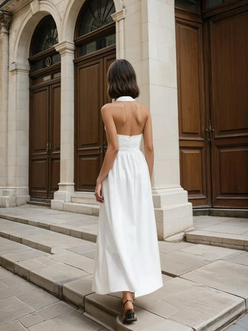 Simple and Chic Cotton & Linen Halter A Line Long Dress