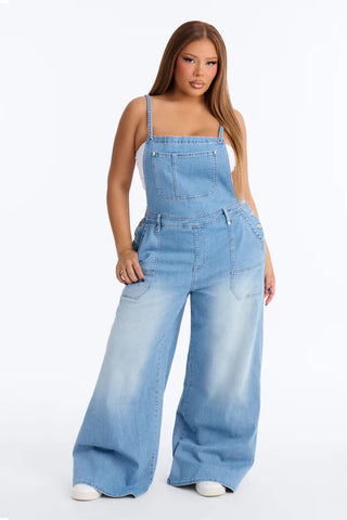 Summer Abroad Linen Blend Denim Overalls - Light Wash