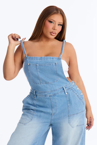 Summer Abroad Linen Blend Denim Overalls - Light Wash
