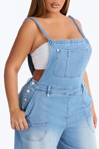 Summer Abroad Linen Blend Denim Overalls - Light Wash