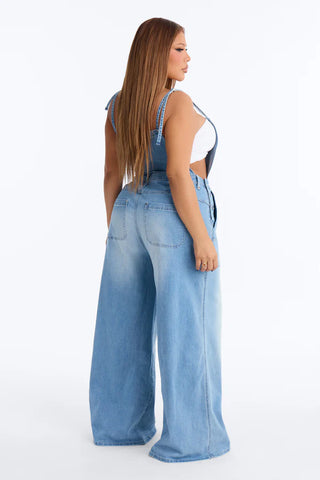 Summer Abroad Linen Blend Denim Overalls - Light Wash