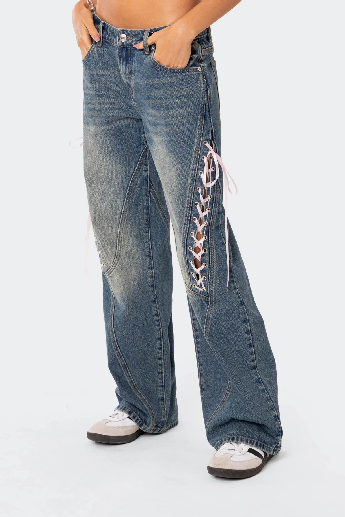 Ribbon Lace-Up Low Rise Jeans – The Bae Club Ribbon Lace-Up Low Rise Jeans – The Bae Club