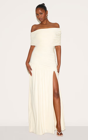 Double Layer Slinky Bardot One Shoulder Ruched Maxi Dress