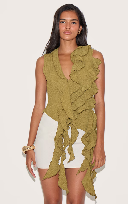 Textured Ruffle Asymmetric Long Top