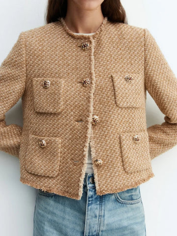 Round Neck Single-breasted Tweed Cardigan