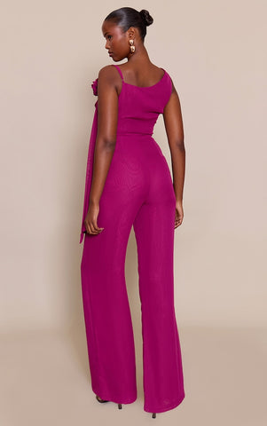 Deep Plum Chiffon Corsage Detail Wide Leg Jumpsuit