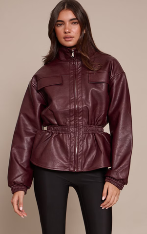 Chocolate Plum High Neck Cinched Waist Faux Leather Jacket