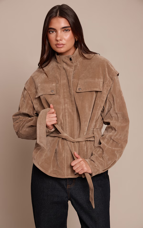 Faux Suede Belted Drop Waist Jacket