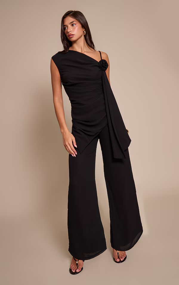 Chiffon Corsage Detail Wide Leg Jumpsuit - Black