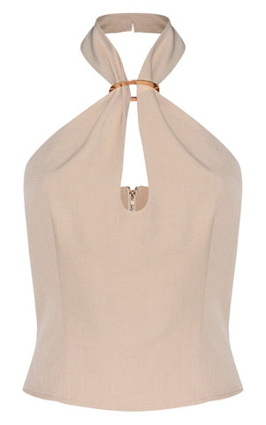 Sleek Trim Detail Halterneck Tailored Top