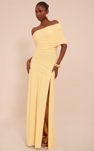 Double Layer Slinky Bardot One Shoulder Ruched Maxi Dress