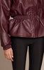 Chocolate Plum High Neck Cinched Waist Faux Leather Jacket