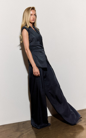 Navy Pleated High Rise Wide Leg Trousers
