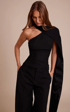 Tailored Woven Shoulder Cape Top and Trousers- Black