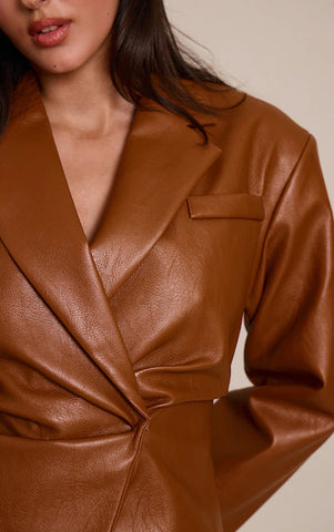 Faux Leather Cinch Waist Blazer