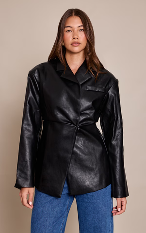 Faux Leather Cinch Waist Blazer