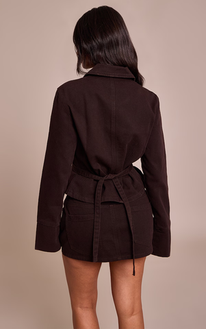 Petite Dark Chocolate Concealed Placket Crop Belted Denim Jacket