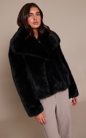 Brown Faux Fur Short Shawl Collar Coat