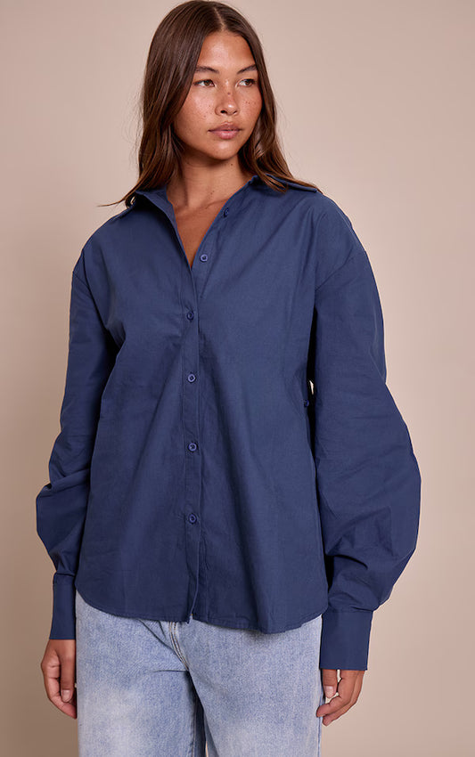 Navy Cotton Multi Button Cinched Shirt