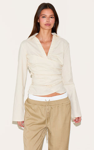 Butter Yellow Linen-Blend Fitted Wrap Shirt